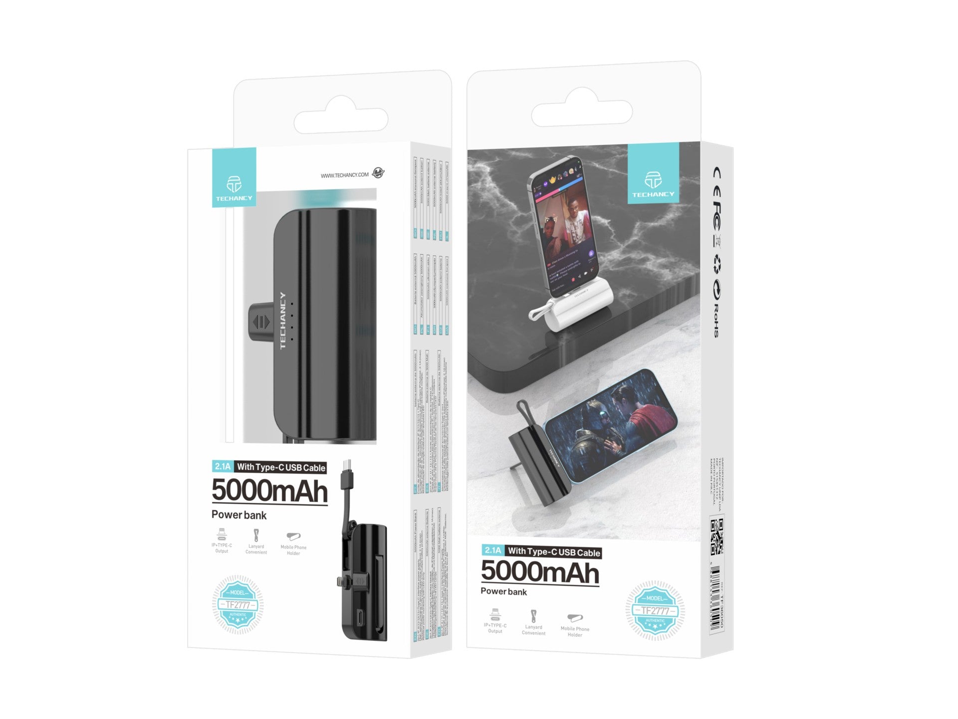 Techancy 5000mAh Portable Charger, TF2777, 2-in-1 iP + Type-C charging cable with phone stand, black