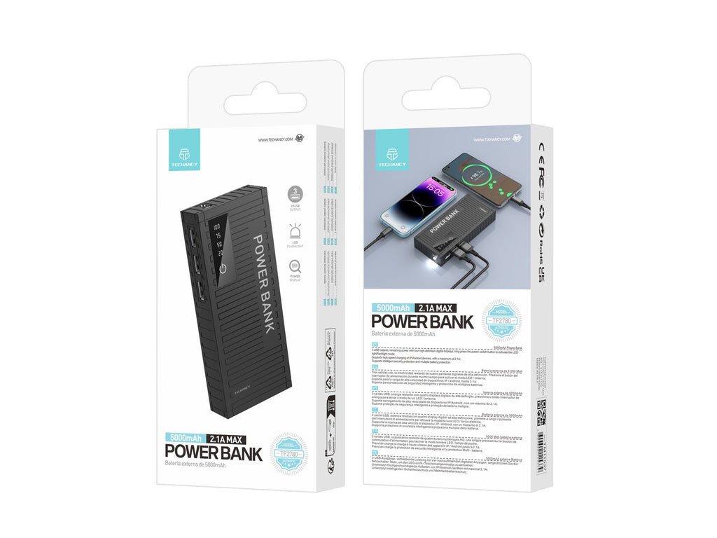 Techancy 5000mAh Power Bank (Black) TF2780 – 2A Fast Charging, 3 USB Outputs for Mobile Phones/Tablets.