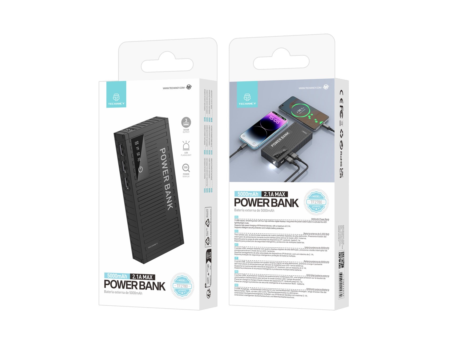 Techancy 5000mAh Power Bank (Black) TF2780 – 2A Fast Charging, 3 USB Outputs for Mobile Phones/Tablets.