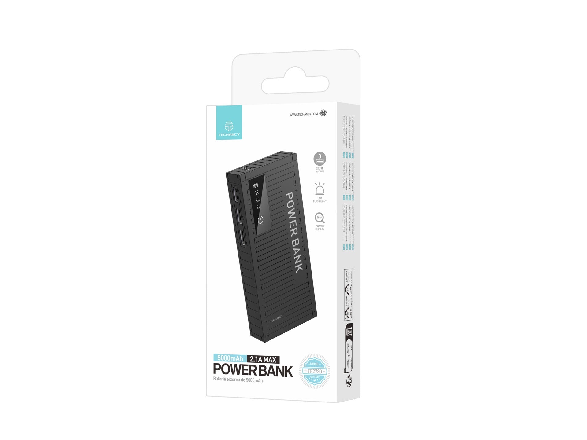 Techancy 5000mAh Power Bank (Black) TF2780 – 2A Fast Charging, 3 USB Outputs for Mobile Phones/Tablets.