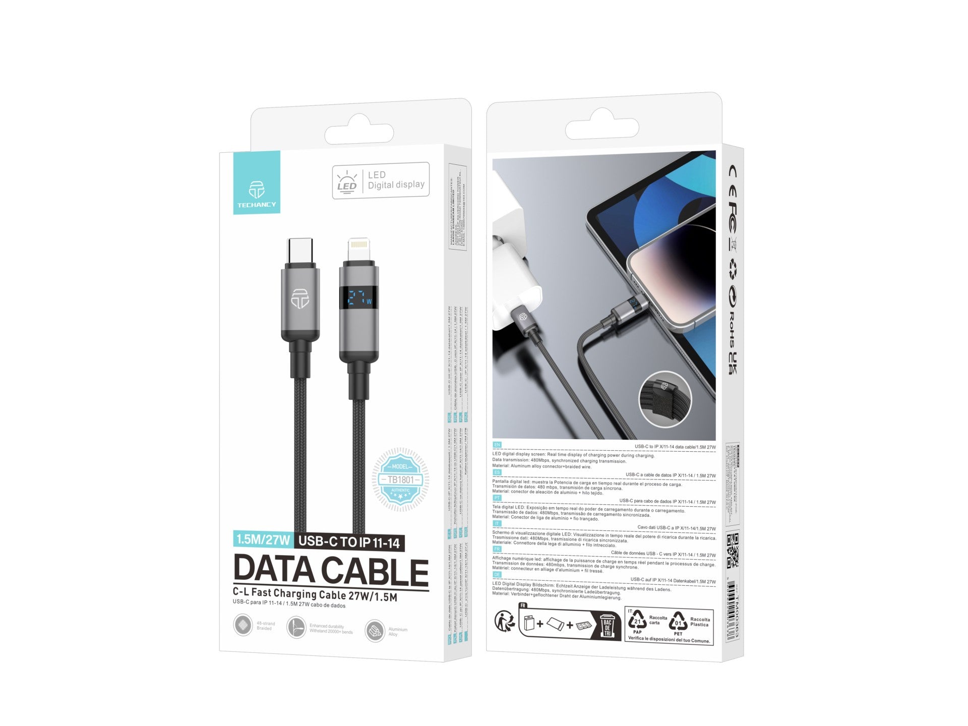 Techancy USB-C to Lightning Cable TB1801, 27W, 1.5m Black, LED Power Display, Aluminum Connector, Braided Cable