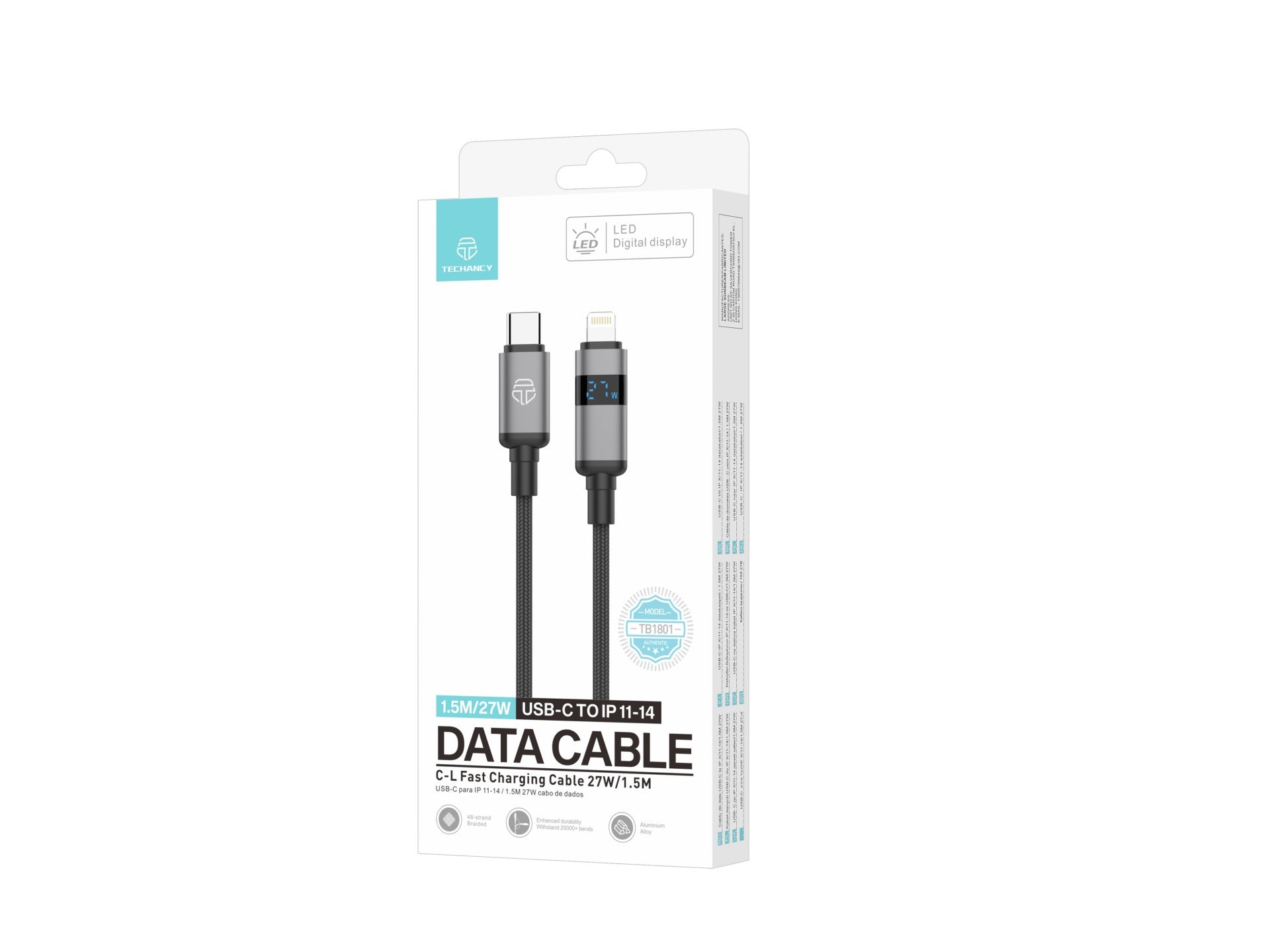 Techancy USB-C to Lightning Cable TB1801, 27W, 1.5m Black, LED Power Display, Aluminum Connector, Braided Cable