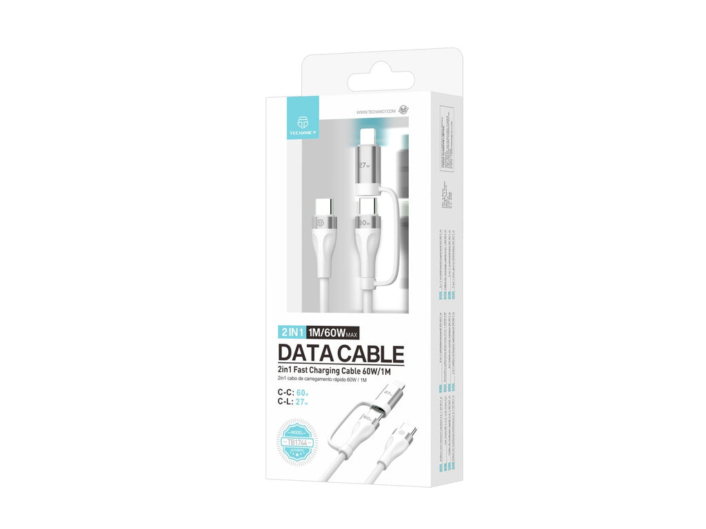 Techancy TB1744 2-in-1 Fast Charging Cable (1m): 60W USB-C to USB-C and 27W USB-C to Lightning – Durable Multi-Device Cable