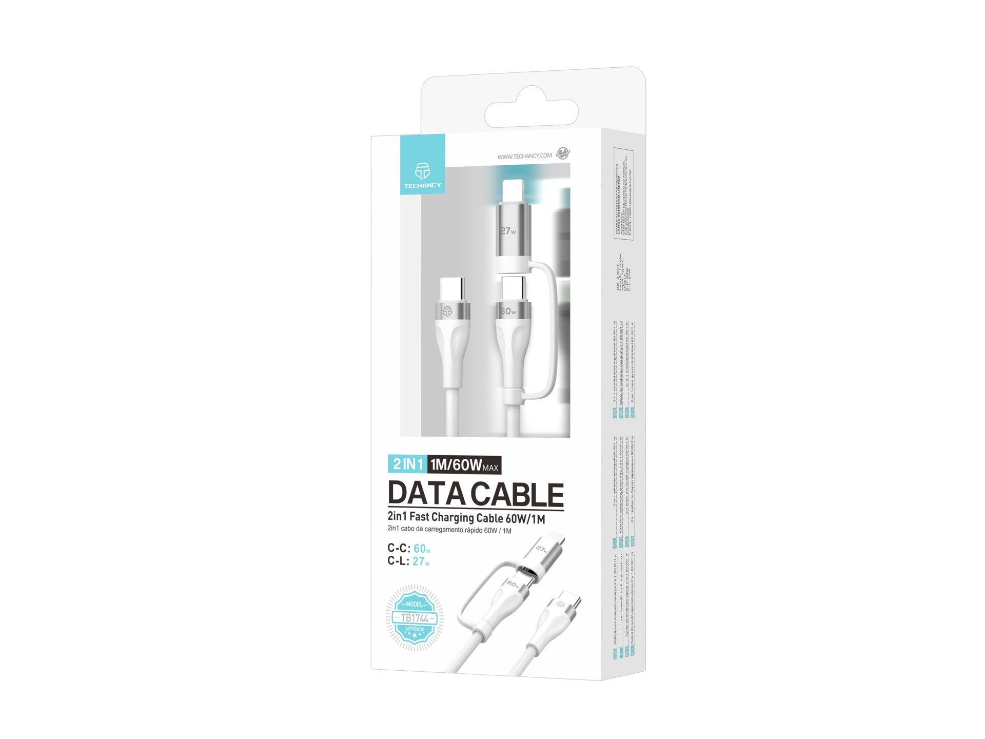 Techancy TB1744 2-in-1 Fast Charging Cable (1m): 60W USB-C to USB-C and 27W USB-C to Lightning – Durable Multi-Device Cable