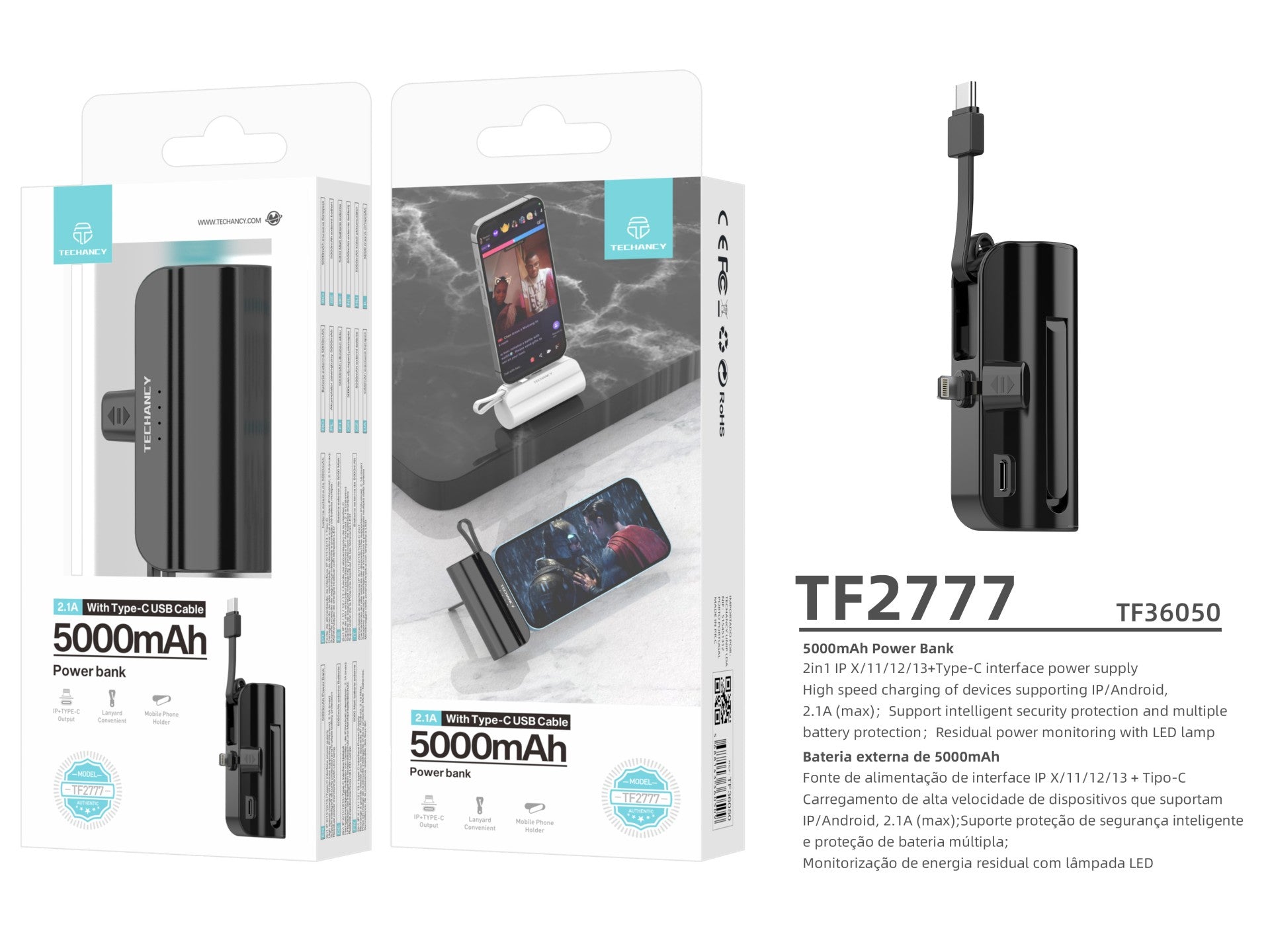 Techancy 5000mAh Portable Charger, TF2777, 2-in-1 iP + Type-C charging cable with phone stand, black