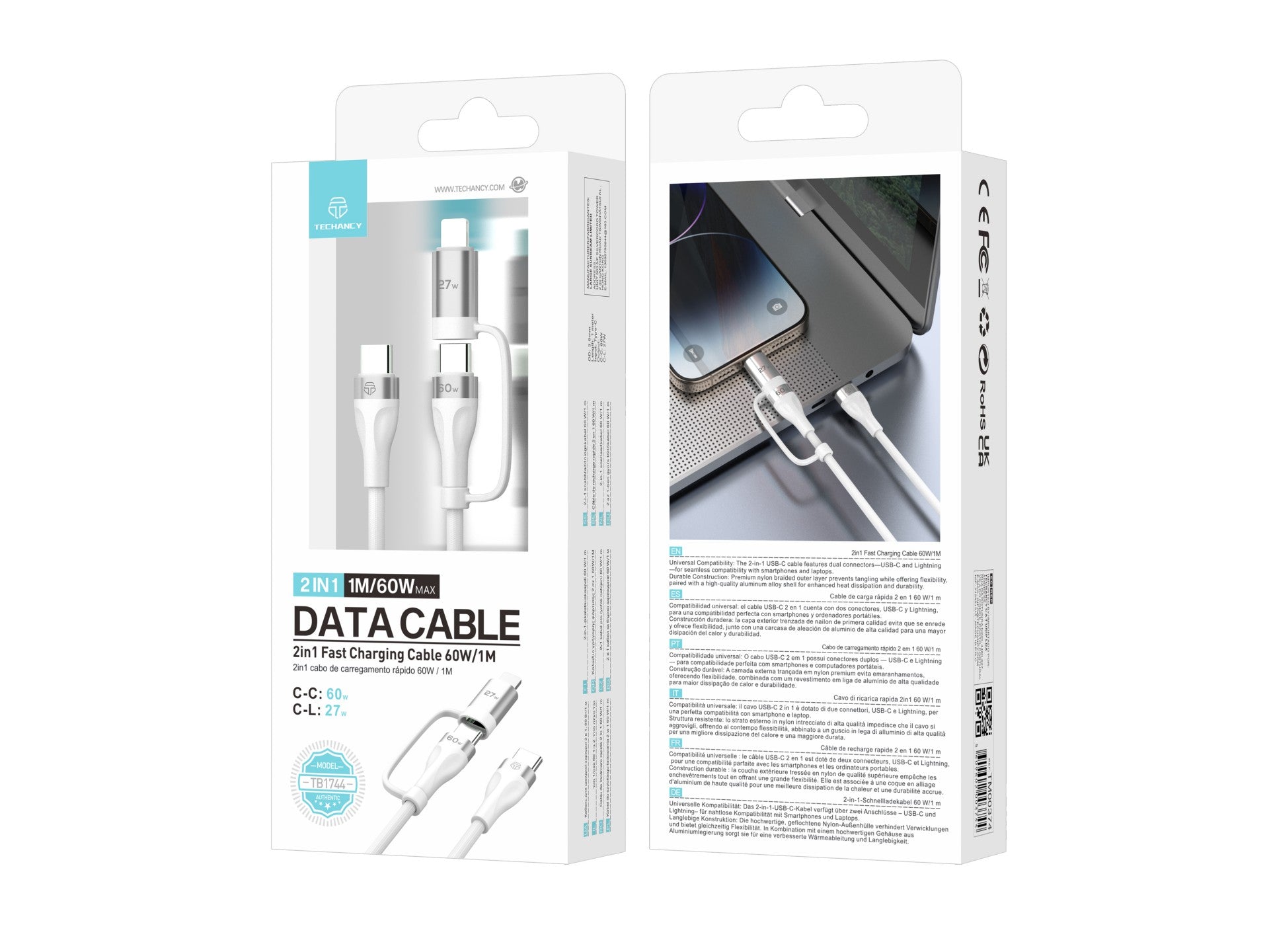 Techancy TB1744 2-in-1 Fast Charging Cable (1m): 60W USB-C to USB-C and 27W USB-C to Lightning – Durable Multi-Device Cable
