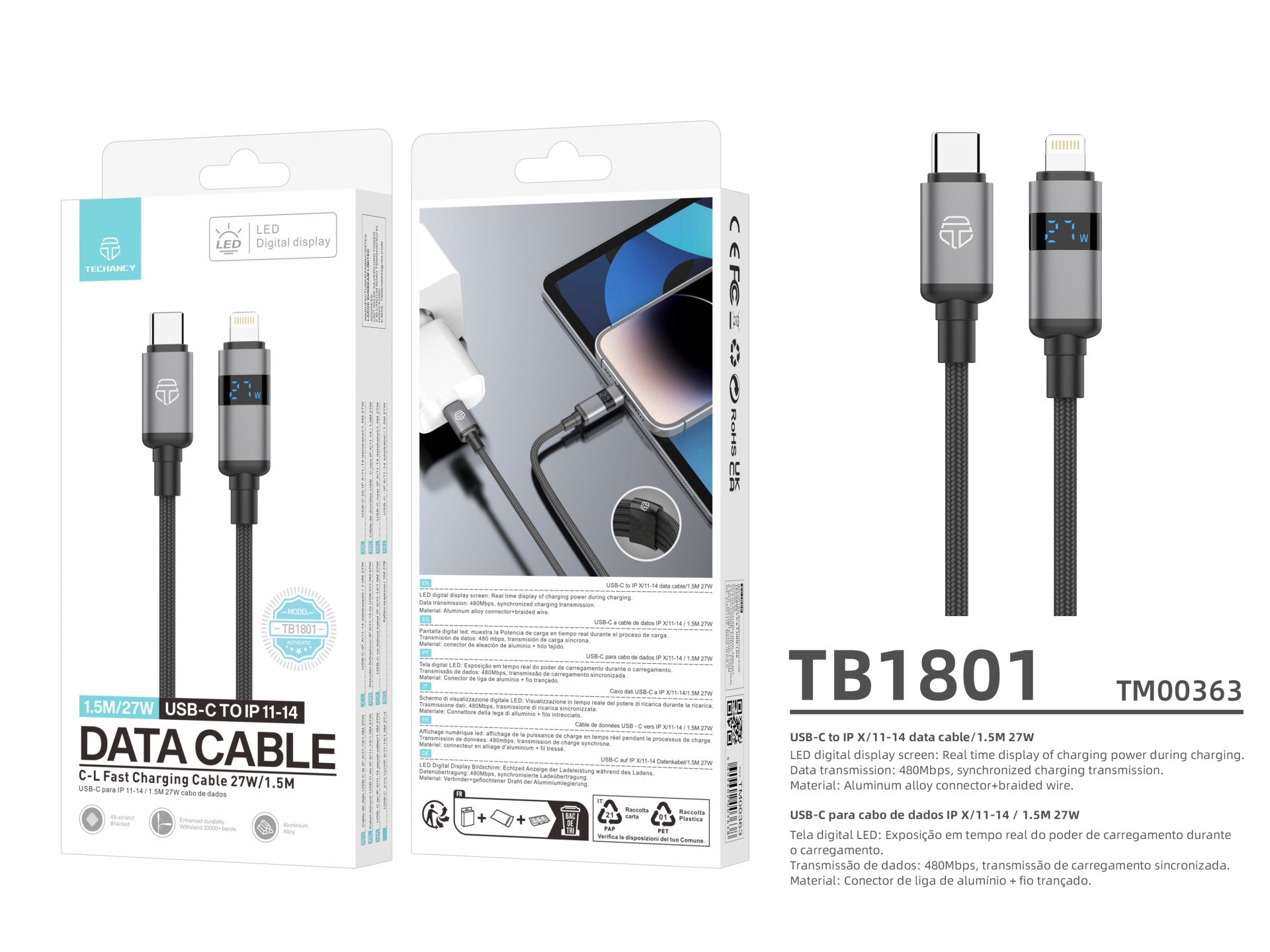 Techancy USB-C to Lightning Cable TB1801, 27W, 1.5m Black, LED Power Display, Aluminum Connector, Braided Cable